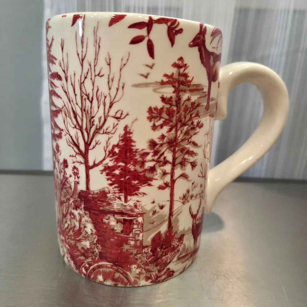 Pottery Barn Deer Woodland Scene Coffee Mug Stag Cabin Nature Lodge Decor Rare
